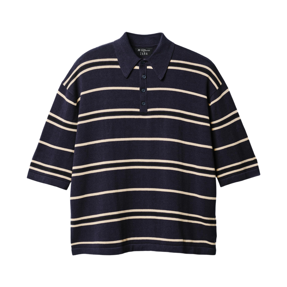 자라 x 윌리 차바리아 스트라이프 니트 폴로 셔츠 네이비 블루(Zara x Willy Chavarria Striped Knit Polo Shirt Navy Blue)