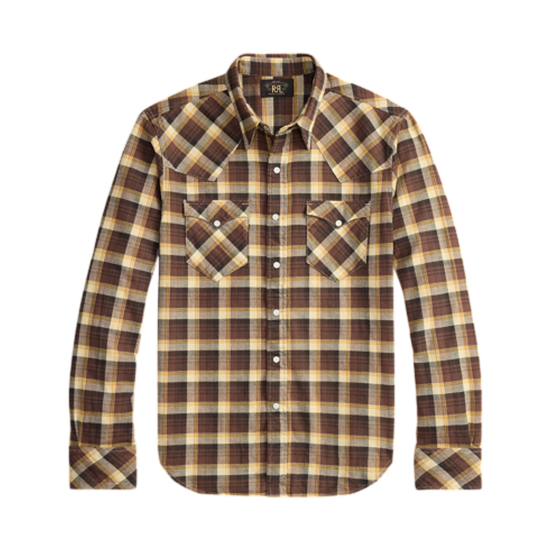 더블알엘 슬림핏 플레이드 트윌 웨스턴 셔츠 브라운 머스타드 크림(Double RL Slim Fit Plaid Twill Western Shirt Brown Mustard Cream) - 1