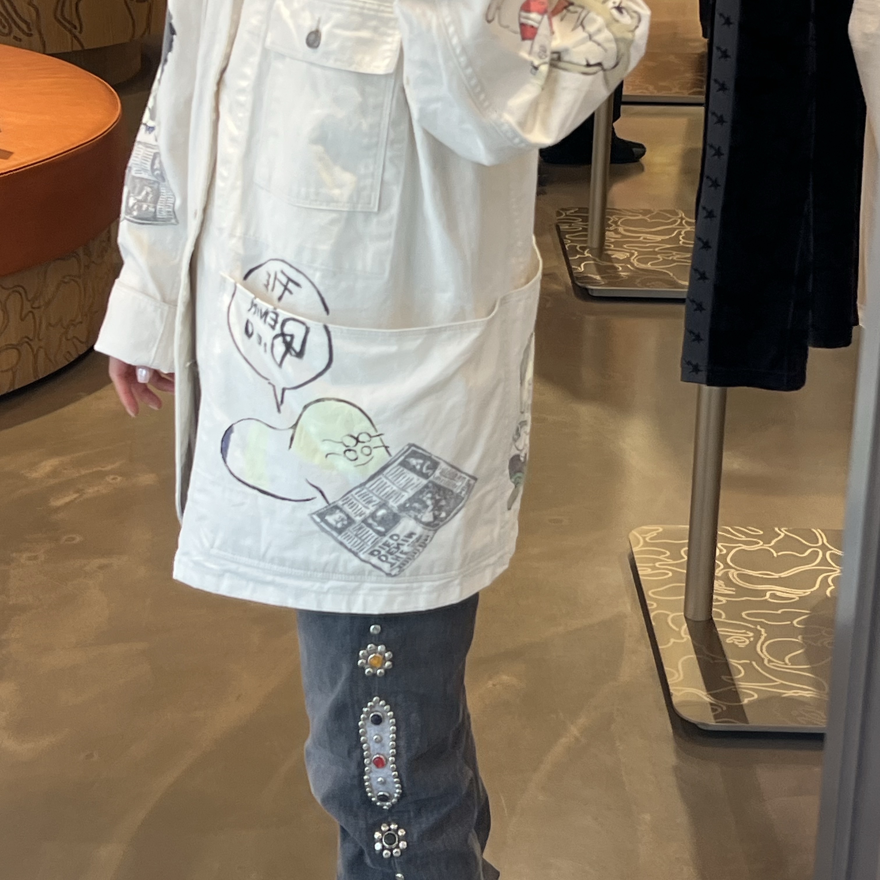 Kapital Murata Twill Cactus Beer Jacket Memorial Paint Model Kinari, Kapital 14 oz. Denim 5P Monkey Cisco Gemstone Pants Black 착용 스타일