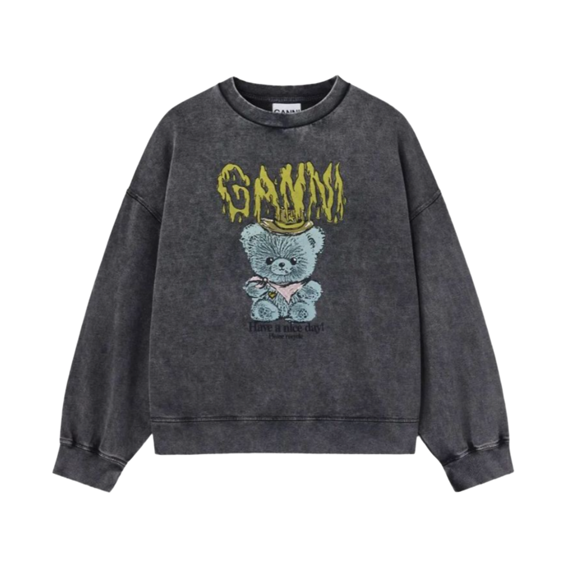 (W) 가니 아이솔리 베어 로고 빈티지 스웨트셔츠 블랙 워시드((W) Ganni Isoli Bear Logo Vintage Sweatshirt Black Washed) - 1