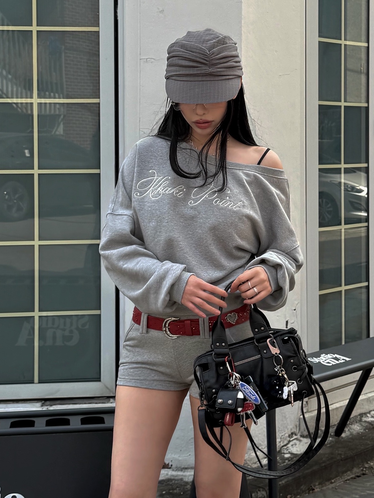 COYSEIO Knot Shirring Cap Grey 착용 스타일 - 2