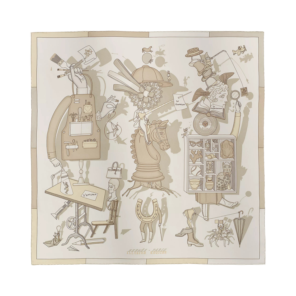 H984257S02 (W) Hermes Illusion Exquise Scarf 70 Blanc Etoupe Vanille