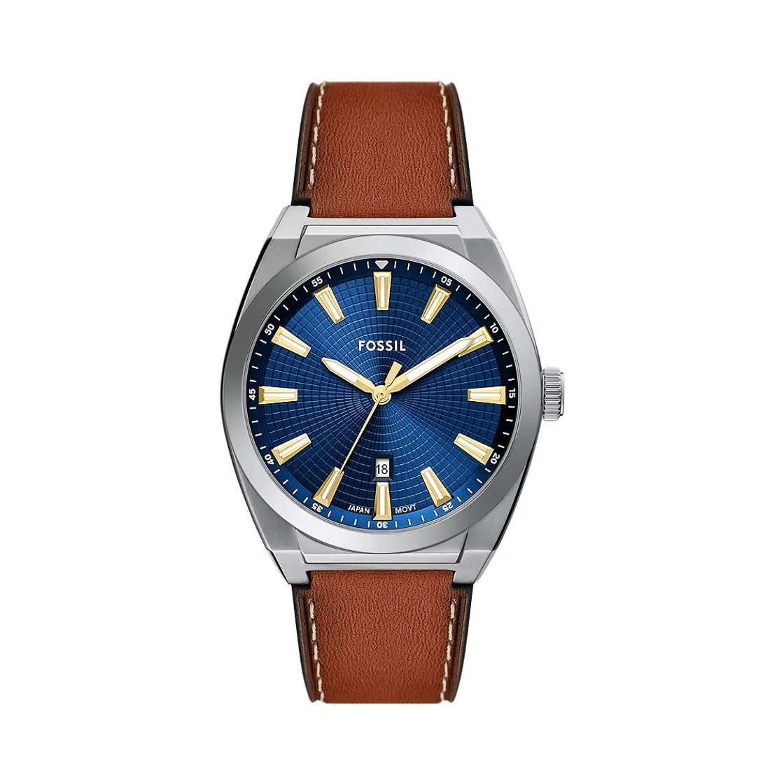 파슬 에버렛 쿼츠 쓰리핸드 데이트 42mm 레더 블루 브라운(Fossil Everett Quartz Three-Hand Date 42mm Leather Blue Brown)
