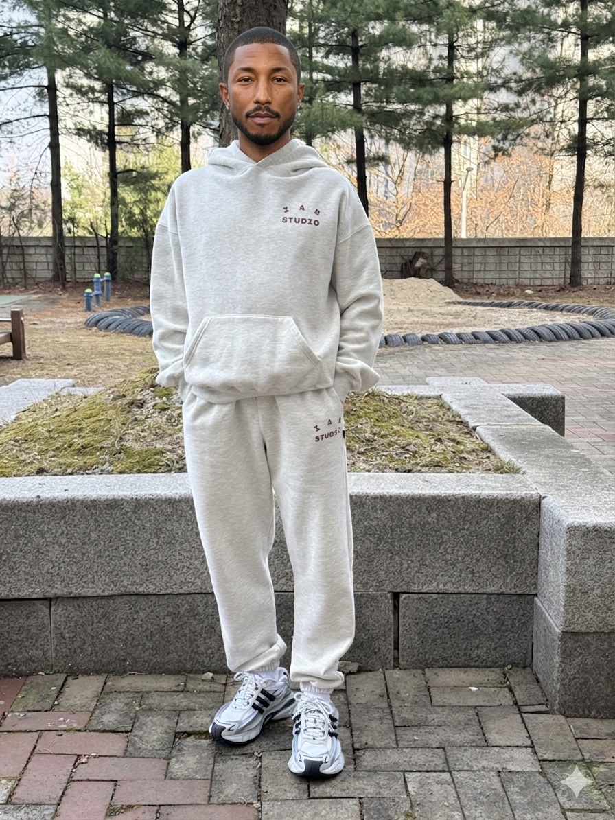 Adidas x Pharrell Williams Adistar Jellyfish Solid Grey Core Black, IAB Studio Hoodie Oatmeal Burgundy 착용 스타일 - 1