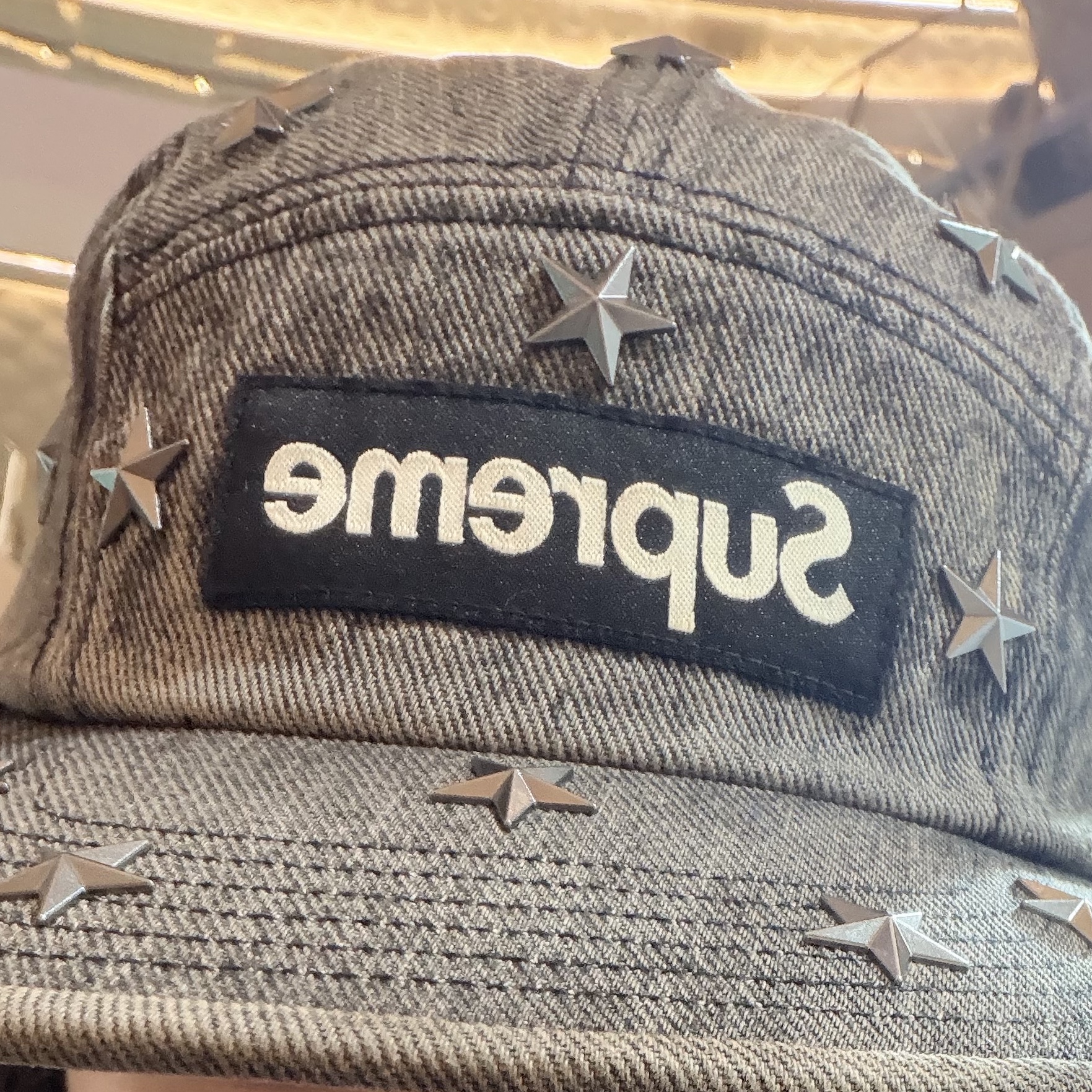 Supreme Stars Studded Denim Camp Cap Washed Black - 26SS 착용 스타일