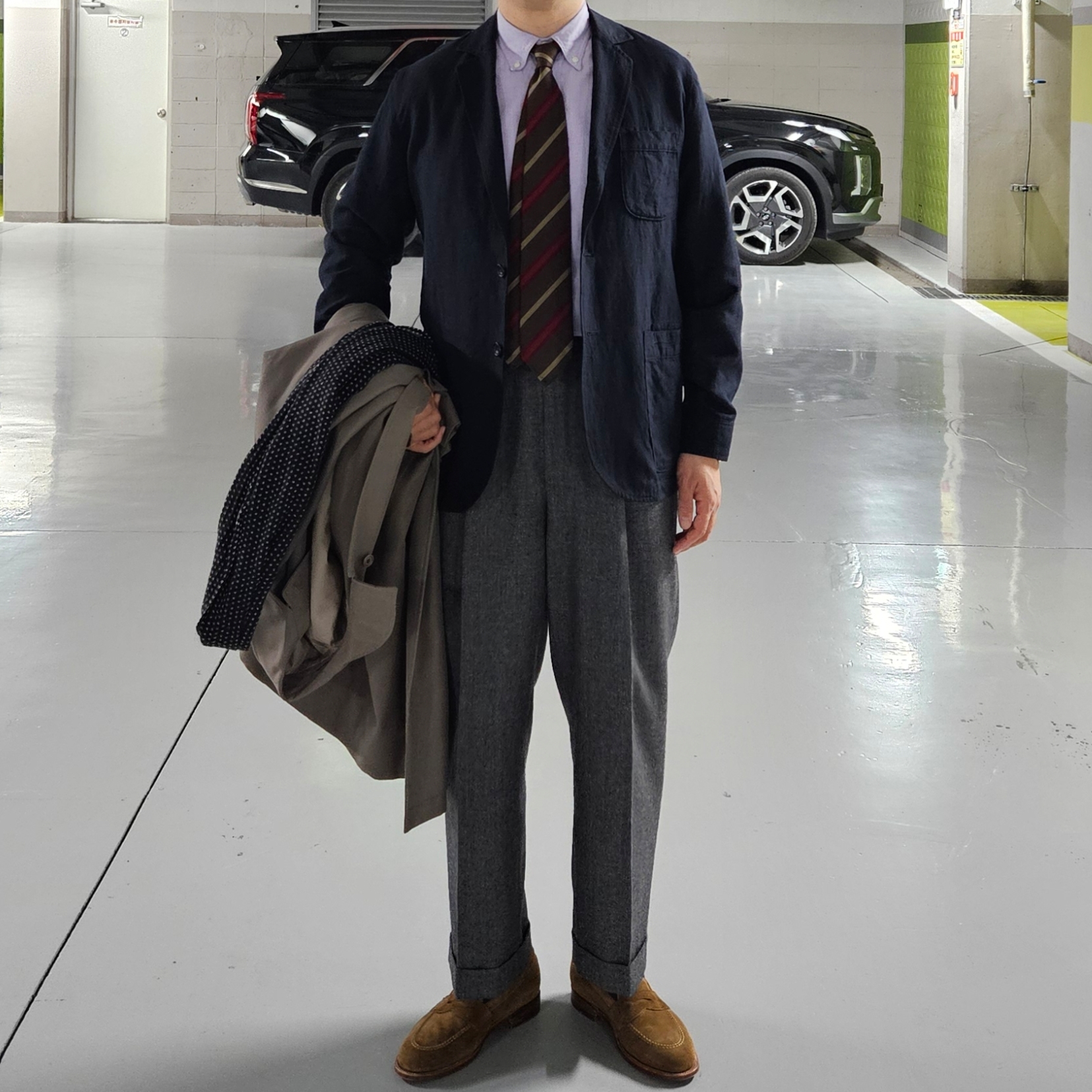 Alden 6243 Suede Unlined Flex Penny Loafer Snuff - D, Kaptain Sunshine Walker Coat Top Grey 착용 스타일 - 2