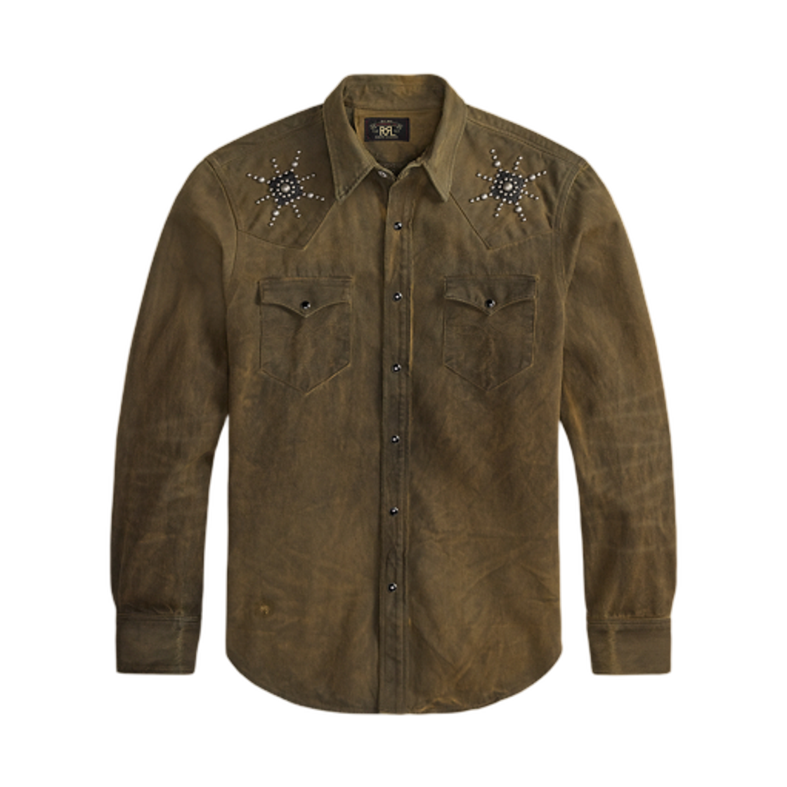 더블알엘 슬림핏 스터드 데님 웨스턴 셔츠 디스트레스트 브라운 워시(Double RL Slim Fit Studded Denim Western Shirt Distressed Brown Wash)