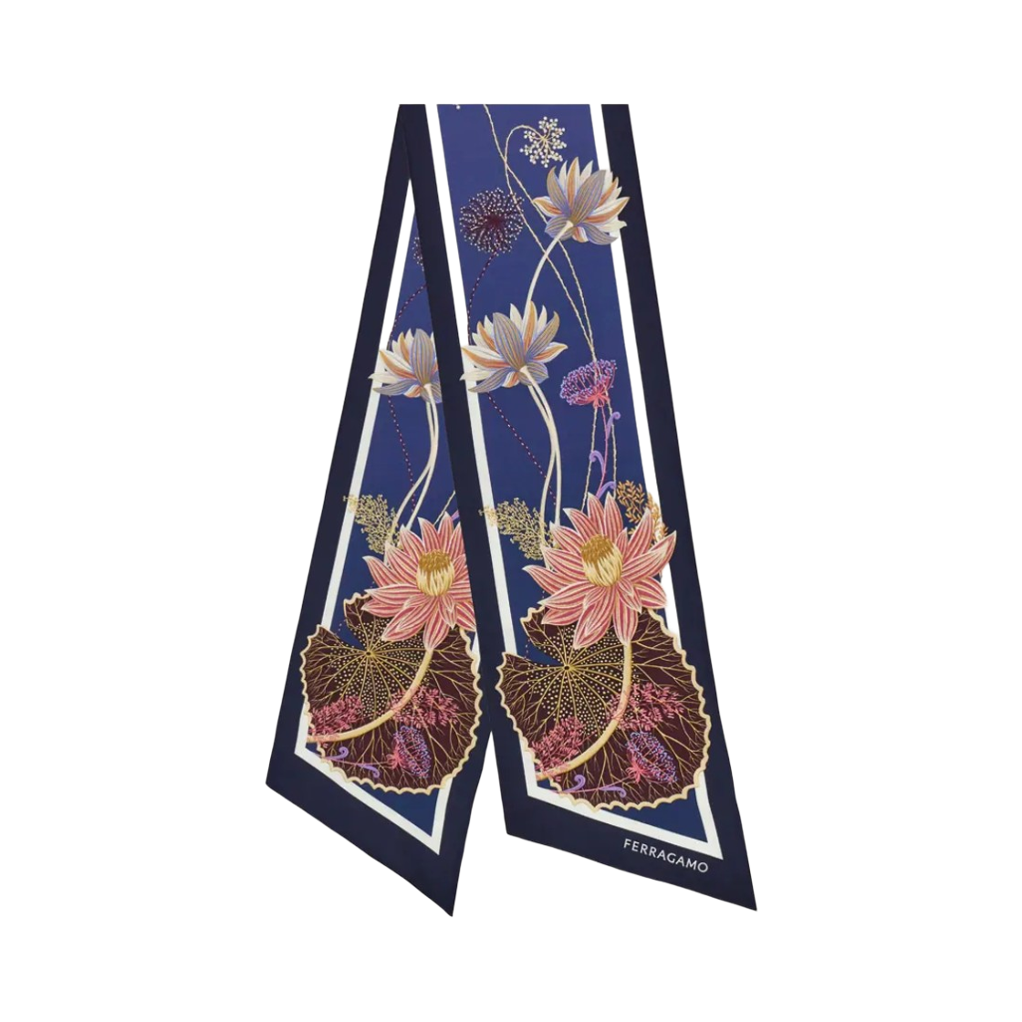 321238-790152 (W) Ferragamo Water Lily Print Silk Bandeau Navy Blue