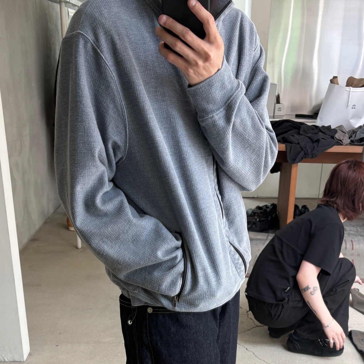 Polyteru Gosima Denim Pants (Japanese Indigo) 1 Wash Indigo, Polyteru Loosed Zip Up Jacket Blue 착용 스타일 - 2