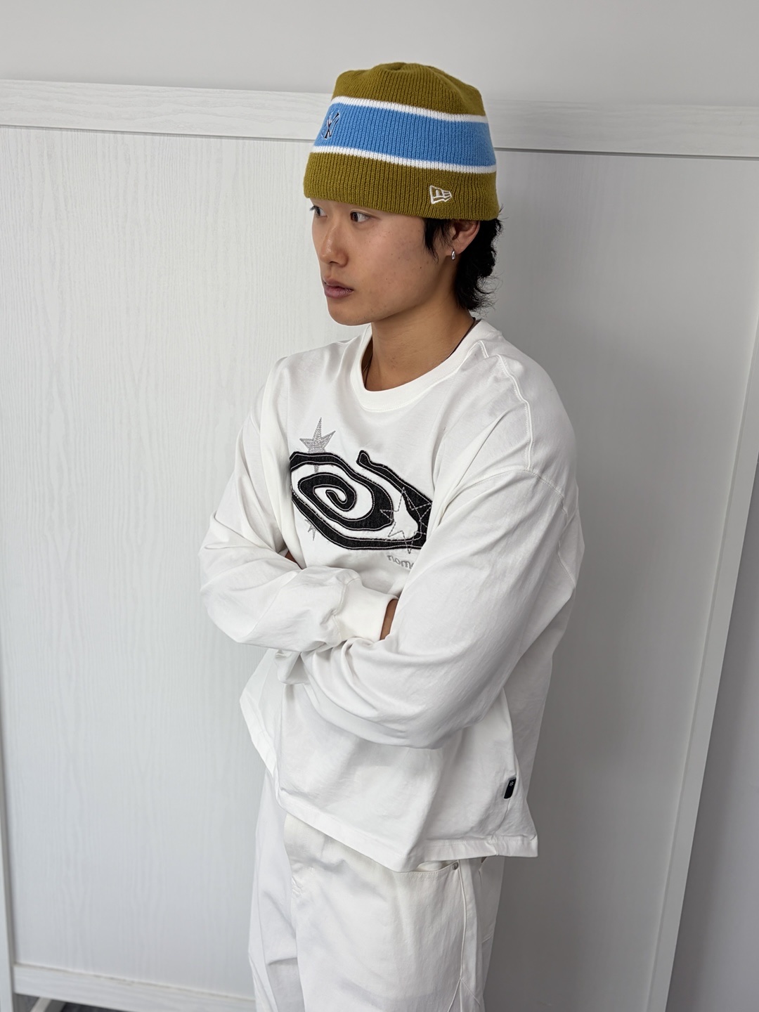Riomeu Denim Appliqué Long Sleeve T-shirt White 착용 스타일 - 1