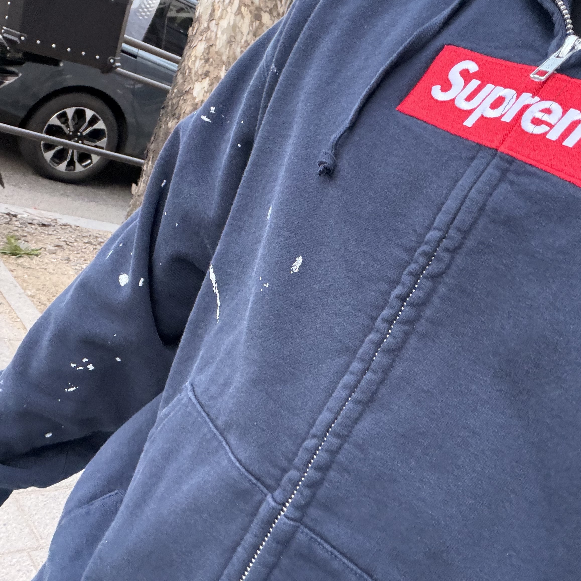 Supreme x MM6 Maison Margiela Box Logo Zip Up Hooded Sweatshirt Navy - 26SS 착용 스타일 - 4