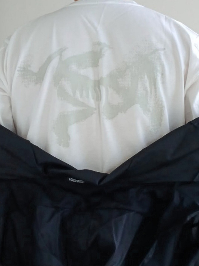 Arc'teryx Kragg SL Cotton Blurred Bird SS T-Shirt White Light Atmos, Arc'teryx Incendo Airshell Hoody Black 착용 스타일 - 2