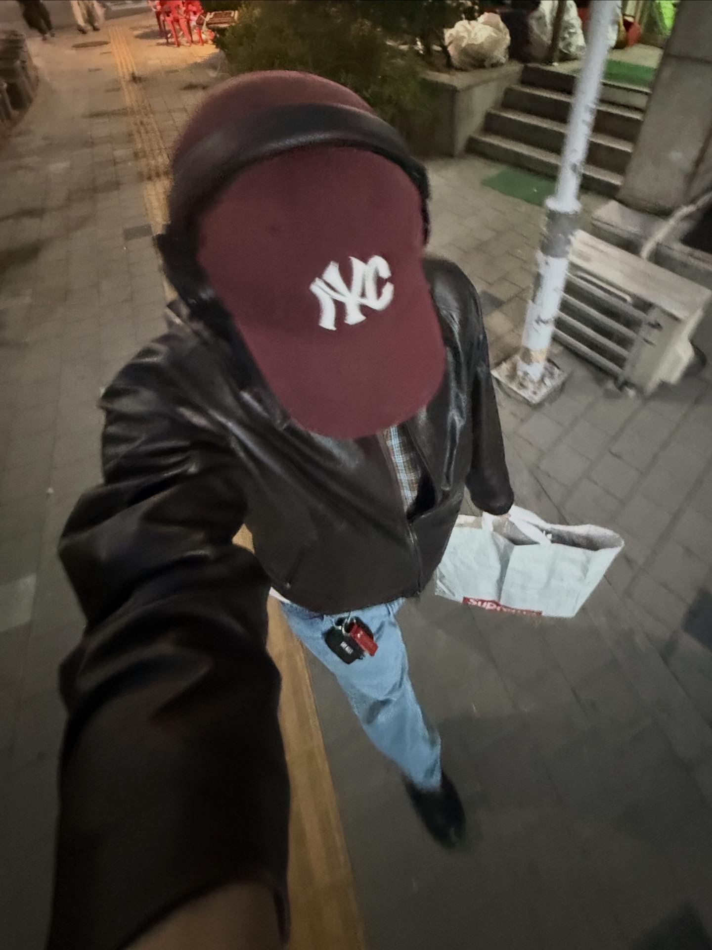 Supreme Mark Leckey Hardcore Patchwork Harrington Jacket Multicolor - 23FW, Supreme x Koss Portapro Headphones White - 23FW 착용 스타일 - 2