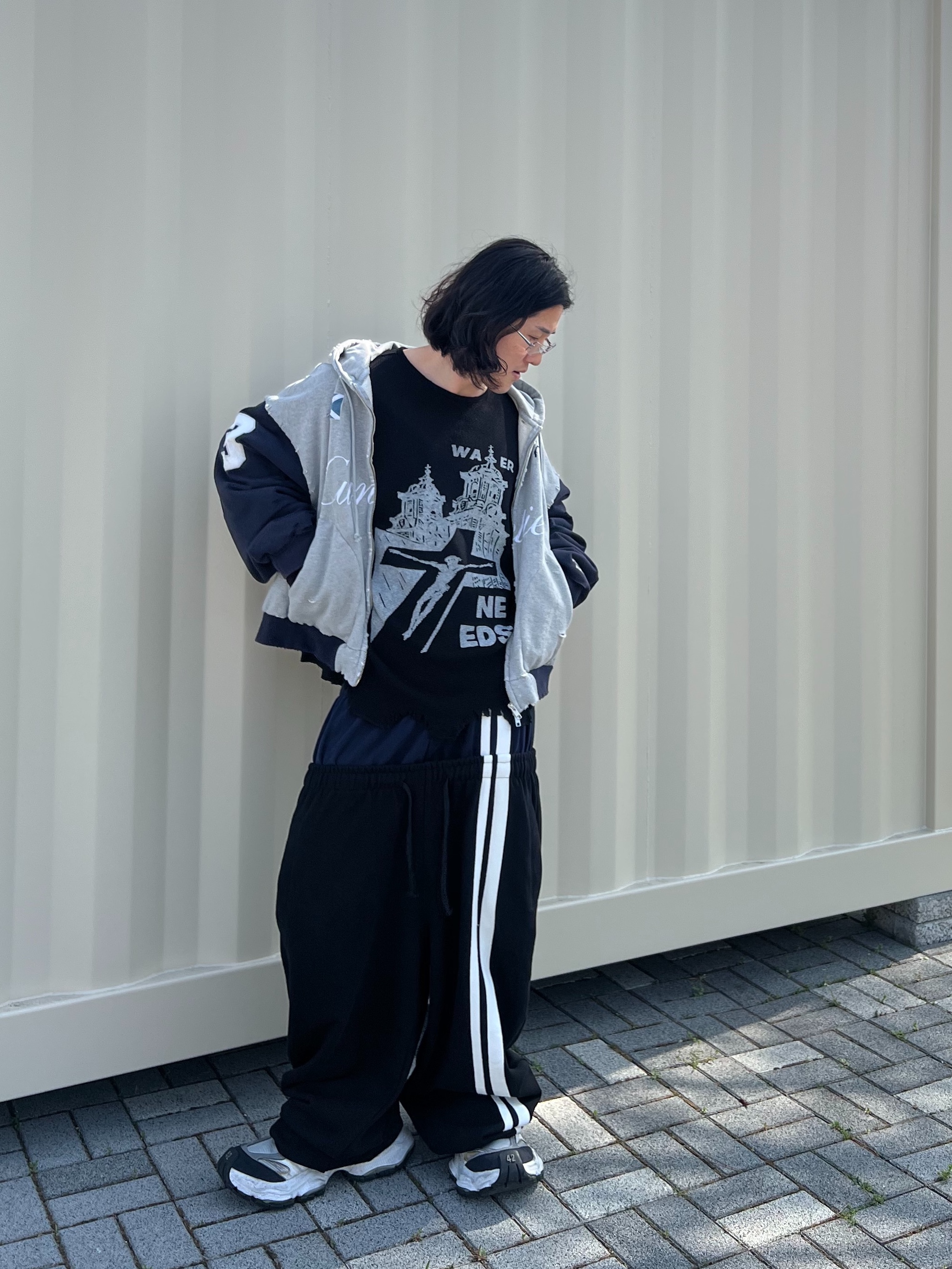 Project G/R Cuntier Zip Hoodie Melange Grey, ROARINGRAD Double Waist Sweat Pants Black 착용 스타일 - 8