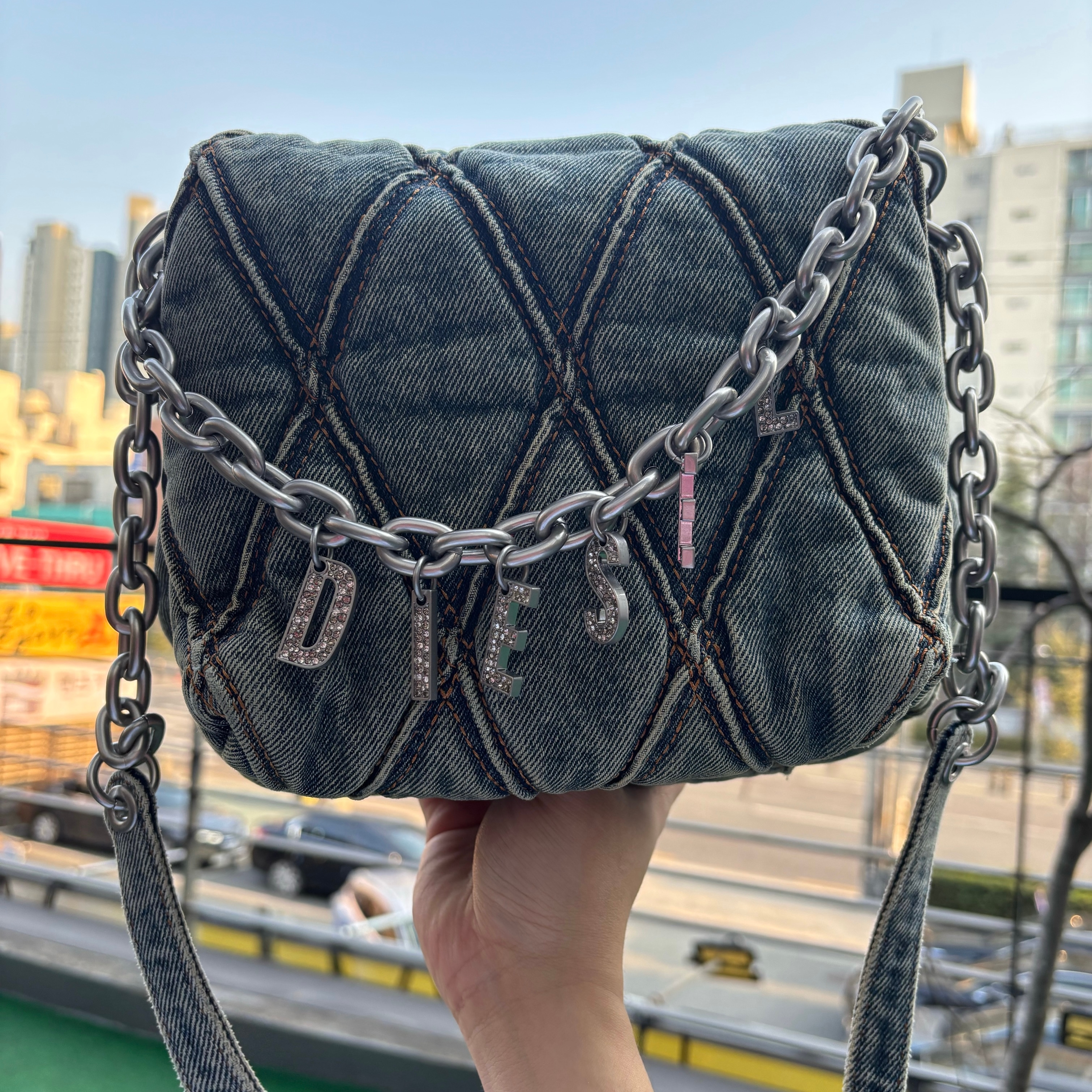 (W) Diesel Charm-D Shoulder S - Small Hand Bag in Quilted Denim Dark Blue 착용 스타일