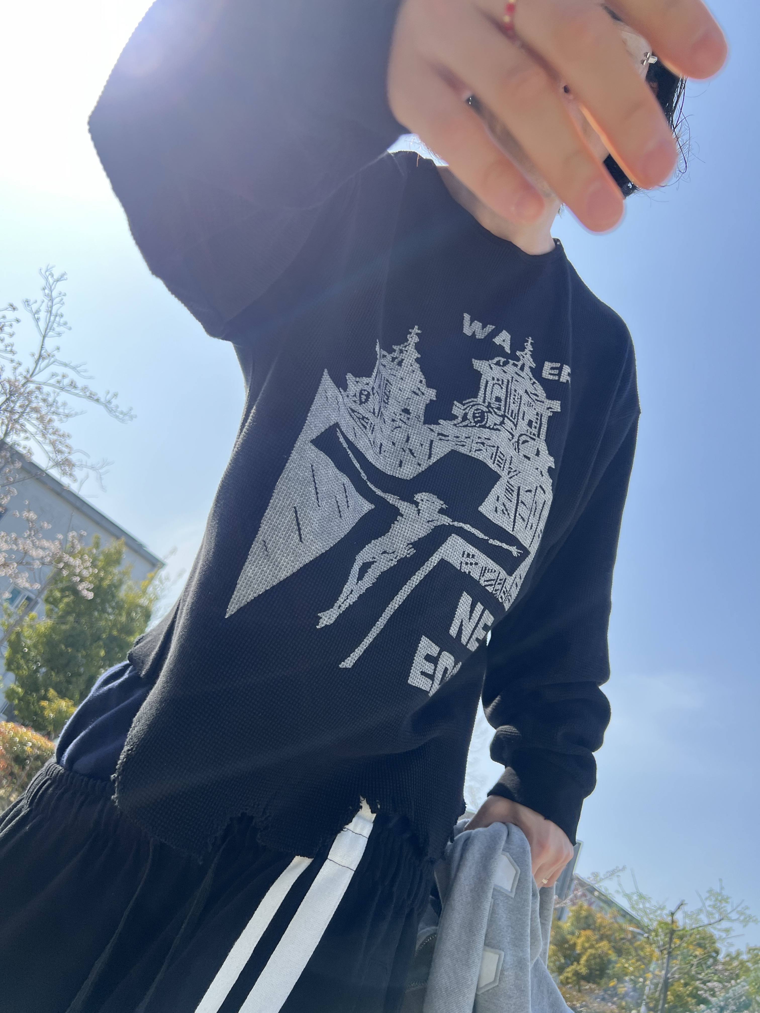 Project G/R Cuntier Zip Hoodie Melange Grey, ROARINGRAD Double Waist Sweat Pants Black 착용 스타일 - 3