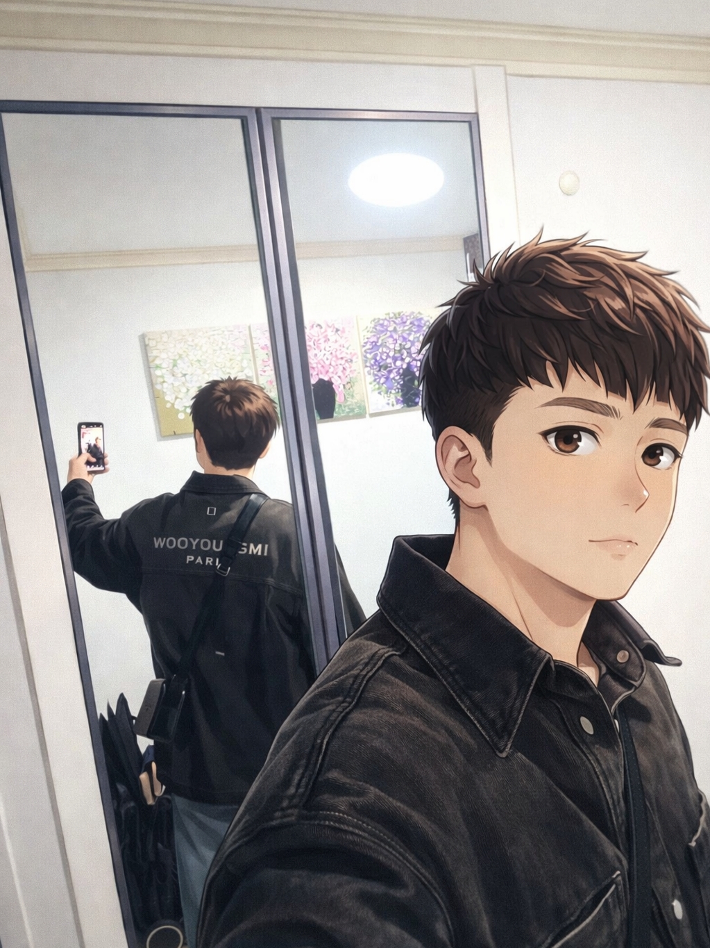 Wooyoungmi Washed Denim Back Logo Shirt Grey - 25SS, Wooyoungmi Square Mini Bag Black 착용 스타일