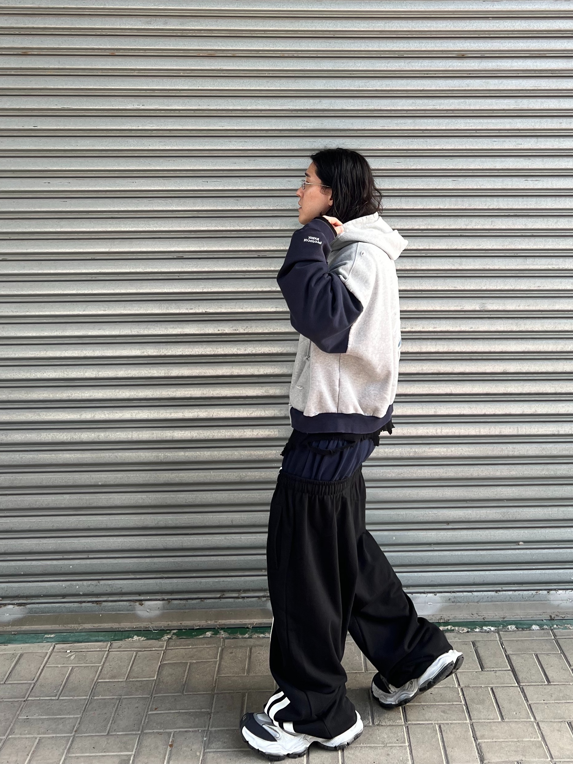 Project G/R Cuntier Zip Hoodie Melange Grey, ROARINGRAD Double Waist Sweat Pants Black 착용 스타일 - 6