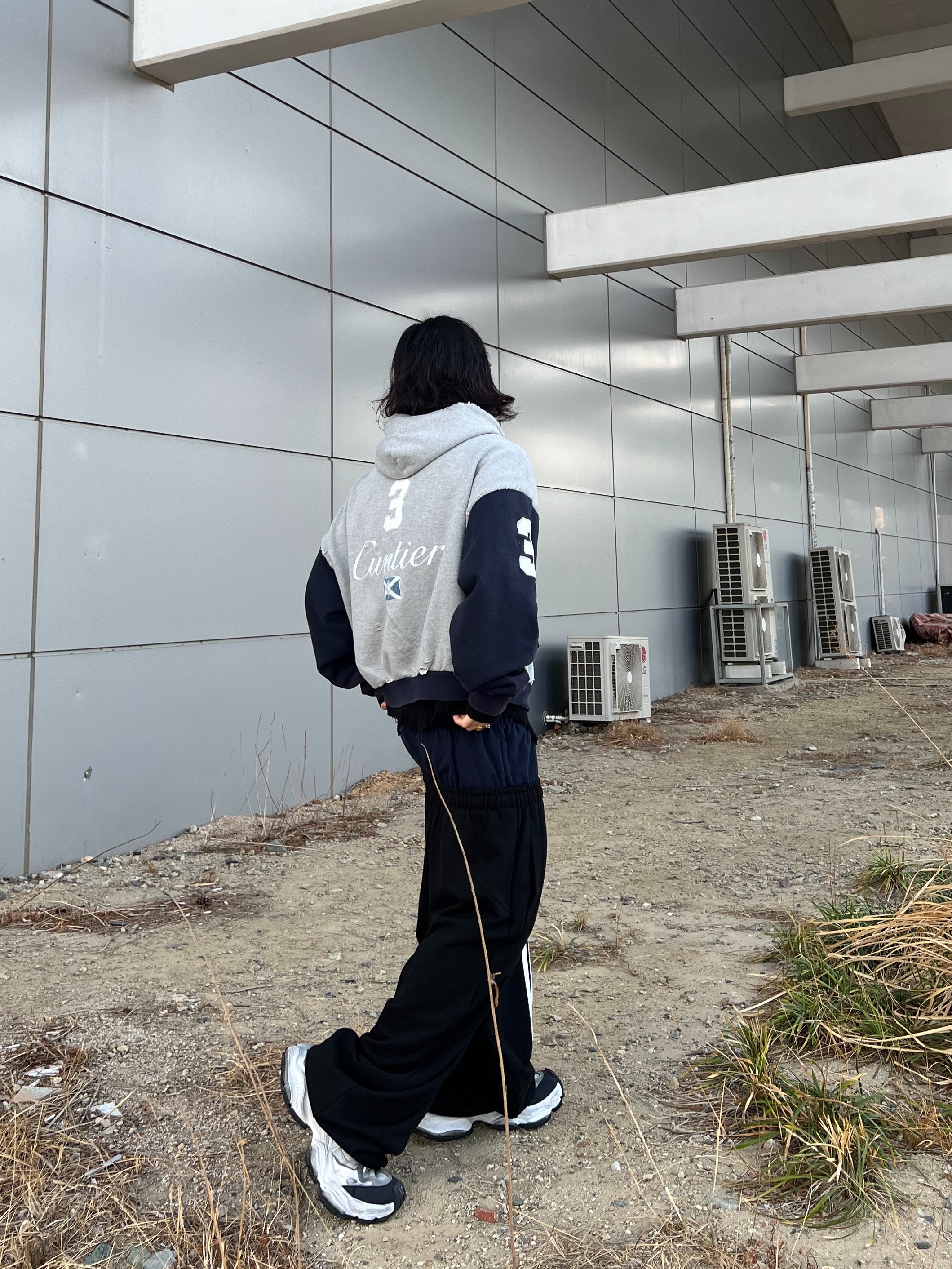 Project G/R Cuntier Zip Hoodie Melange Grey, ROARINGRAD Double Waist Sweat Pants Black 착용 스타일 - 9