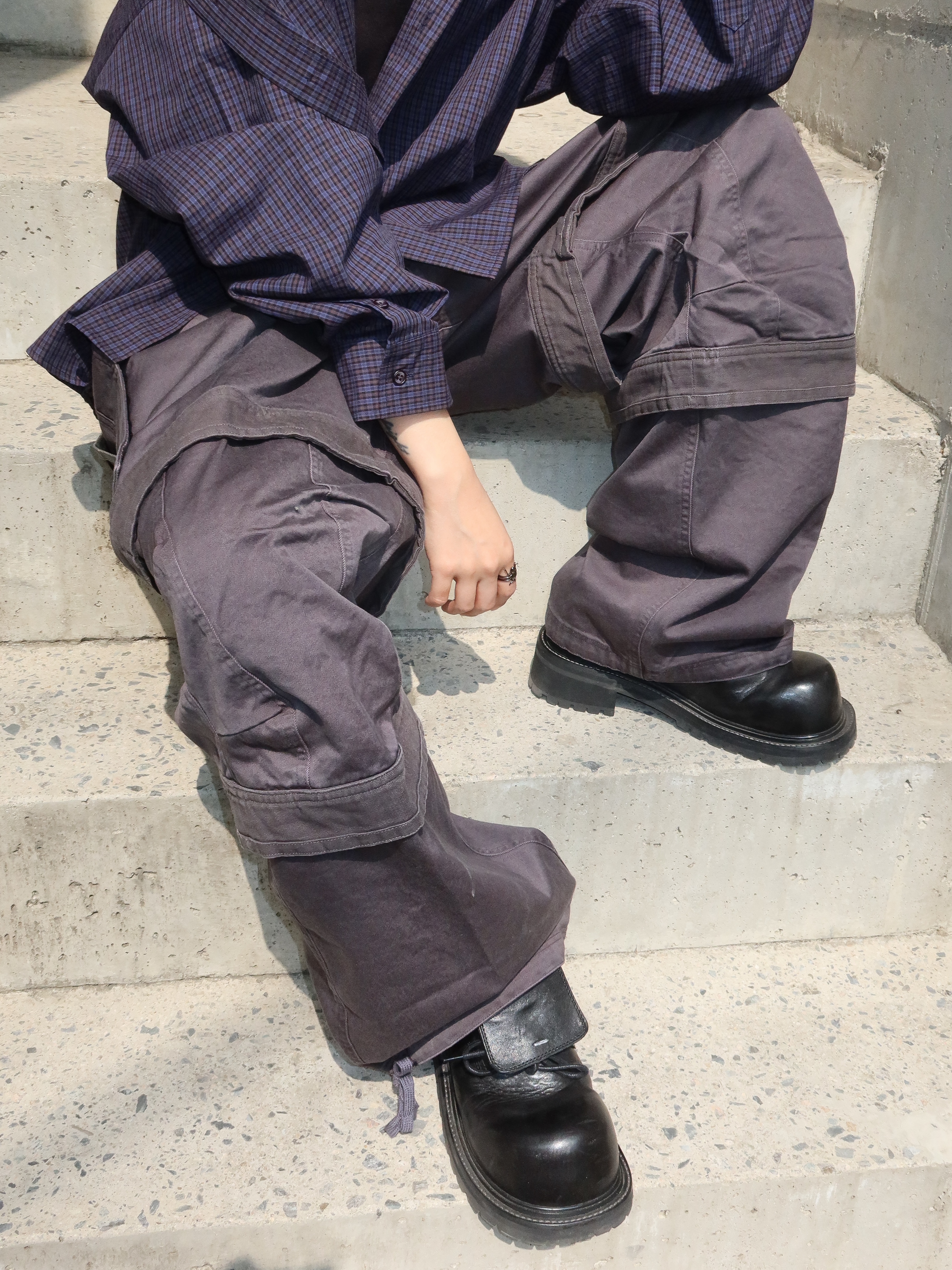 Hono Report Overfit Check Shirts Blue, farfromwhat far layered work pants_charcoal 착용 스타일 - 3