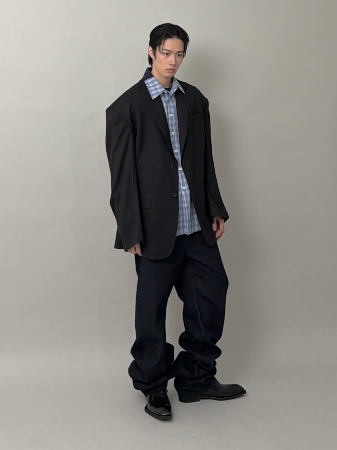 CSC Hybrid Tracksuit Shirt Blue, CSC Over Draped Denim Pants Raw 착용 스타일 - 4