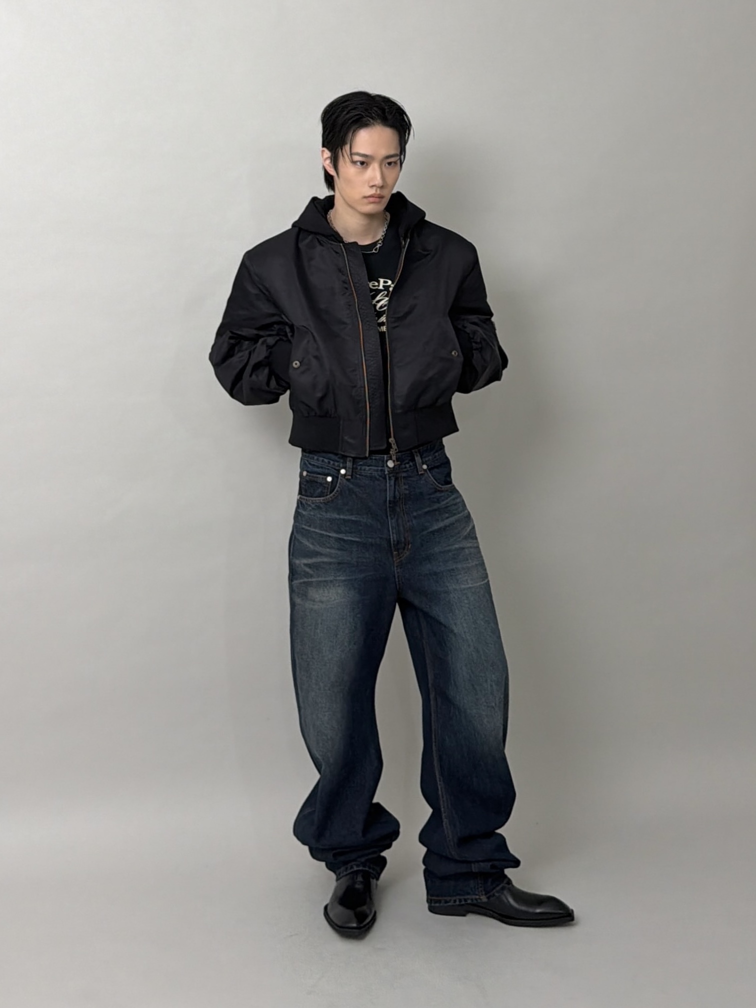 CSC Over Draped Denim Pants Mid Blue, CSC Futurist Jacket Double-Mesh 착용 스타일 - 8