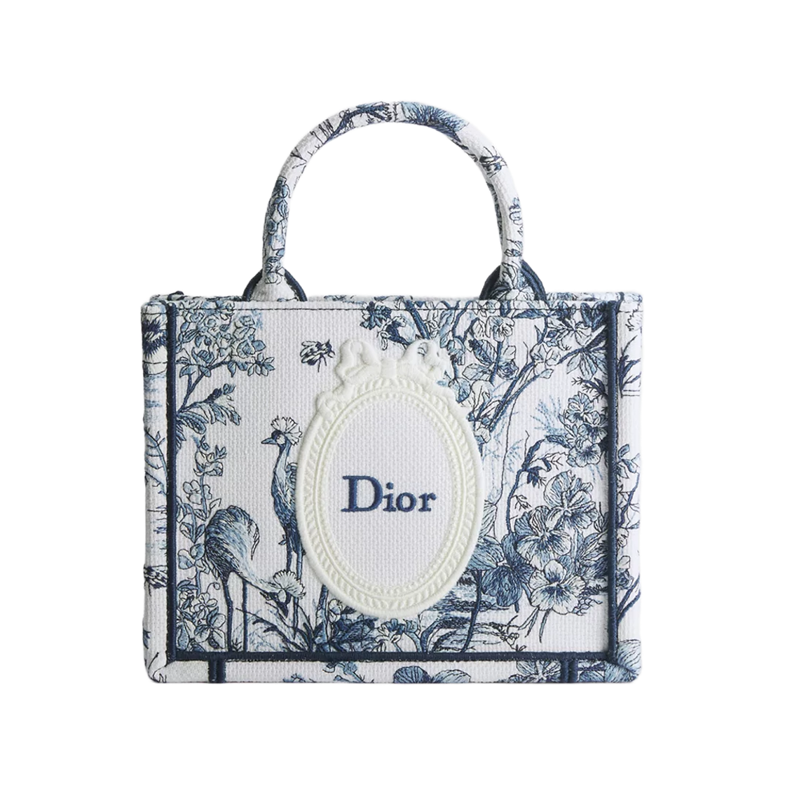S5584PEQM-M928 Dior Book Tote Strap Bag Mini Toile De Jouy Flower Garden Embroidery & White Dior Medallion Blue White