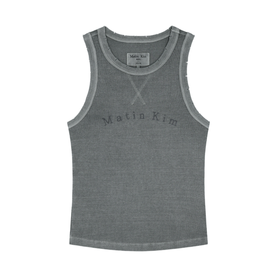 MK2634TS023MLG (W) Matin Kim Distressed Sleeveless Logo Top In Light Grey