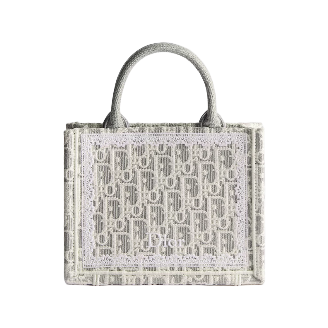 S5584PEHT-M074 Dior Book Tote Strap Bag Mini Dior Oblique Embroidery White Lace Latte Gray