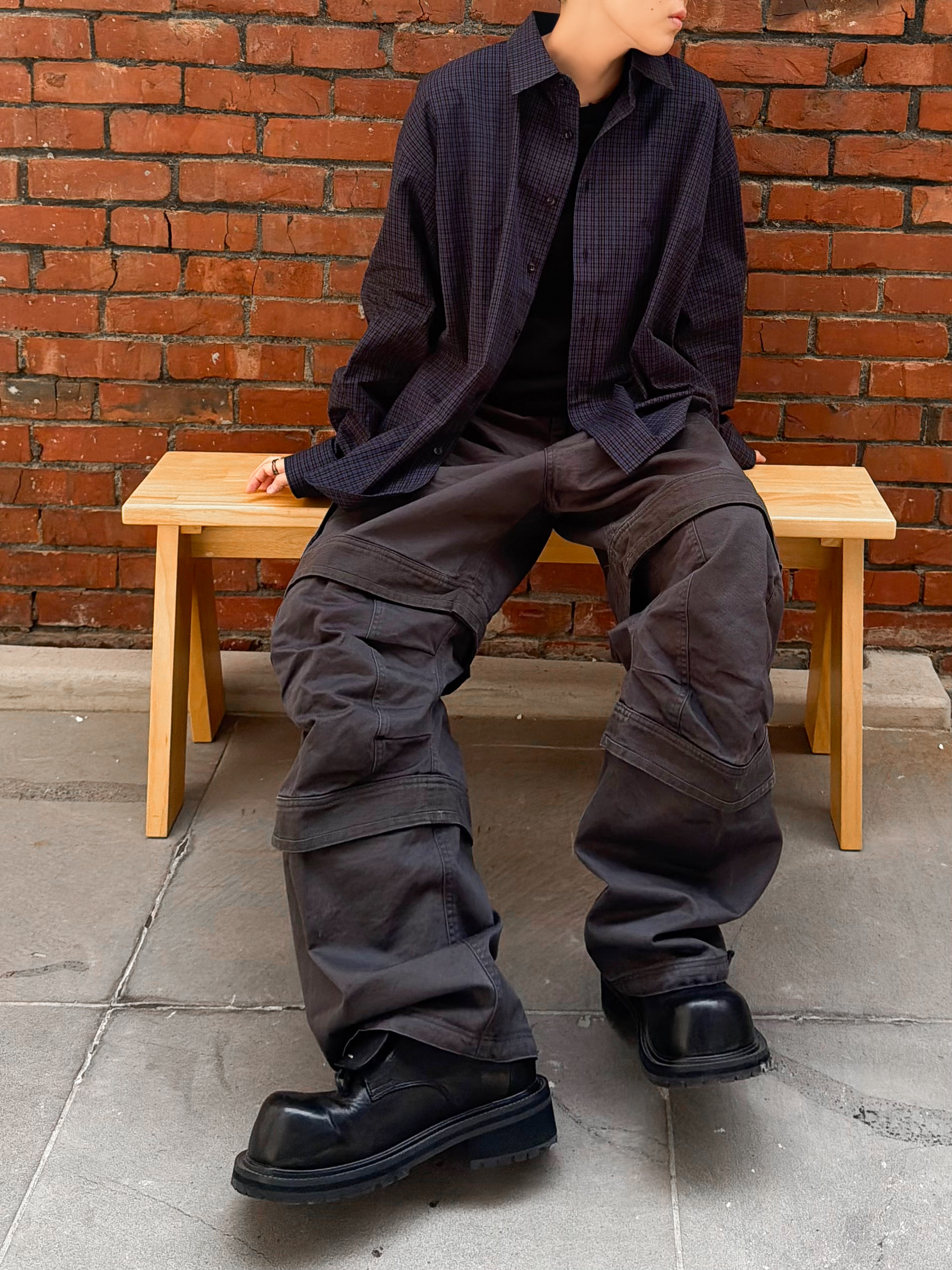 Hono Report Overfit Check Shirts Blue, farfromwhat far layered work pants_charcoal 착용 스타일 - 4