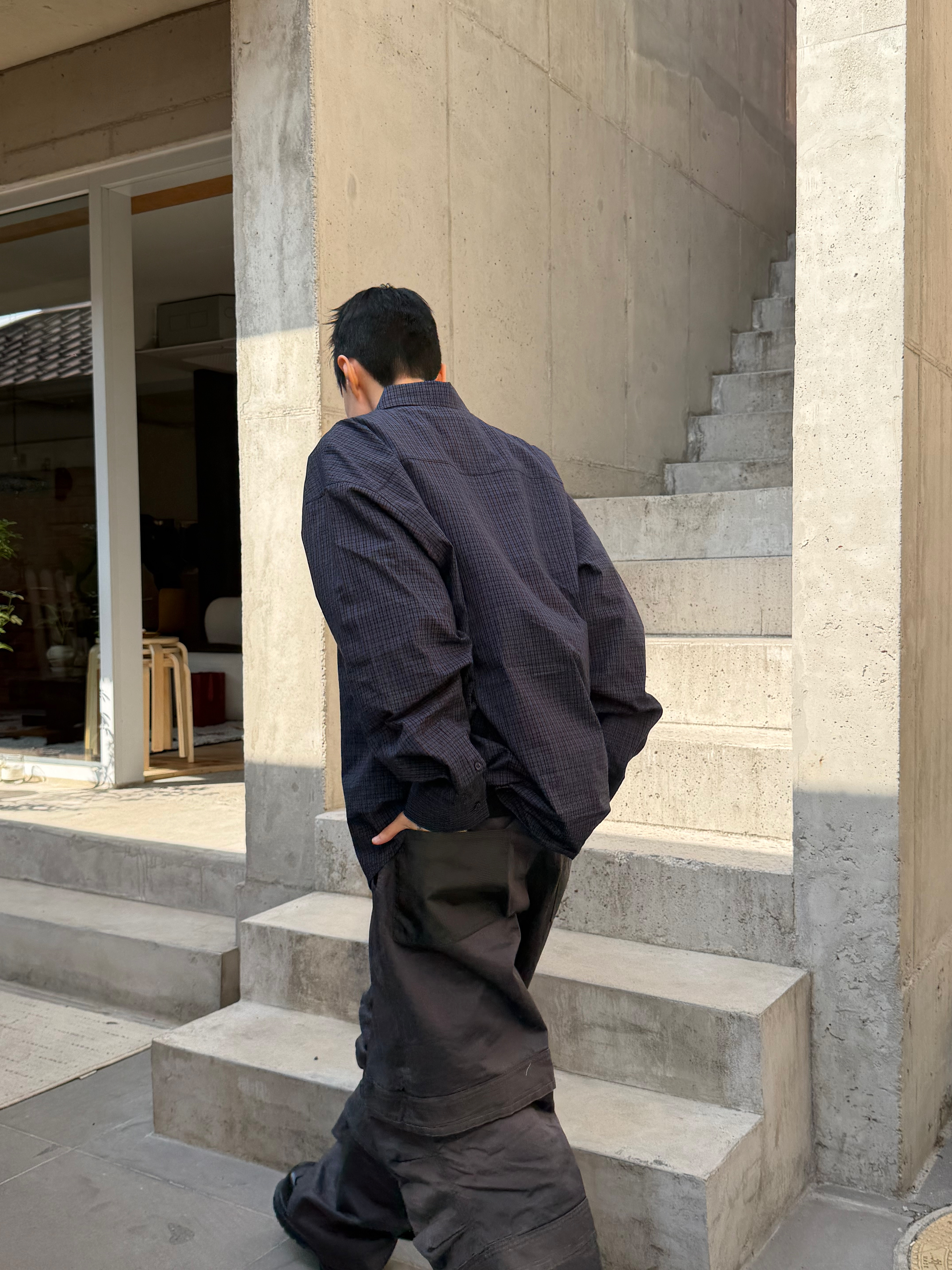 Hono Report Overfit Check Shirts Blue, farfromwhat far layered work pants_charcoal 착용 스타일 - 5