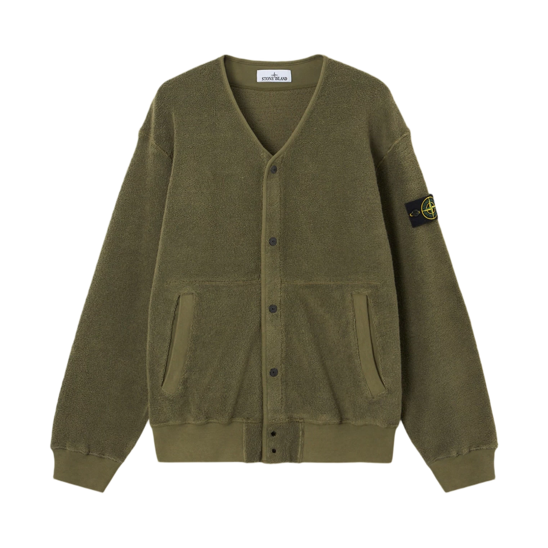 L1S1561000-20S0293-V005G Stone Island 6100020 Organic Cotton + Nylon Terry Fleece Oversized-Fit Cardigan Sweatshirt with Snap Fastening Military Green - 26SS