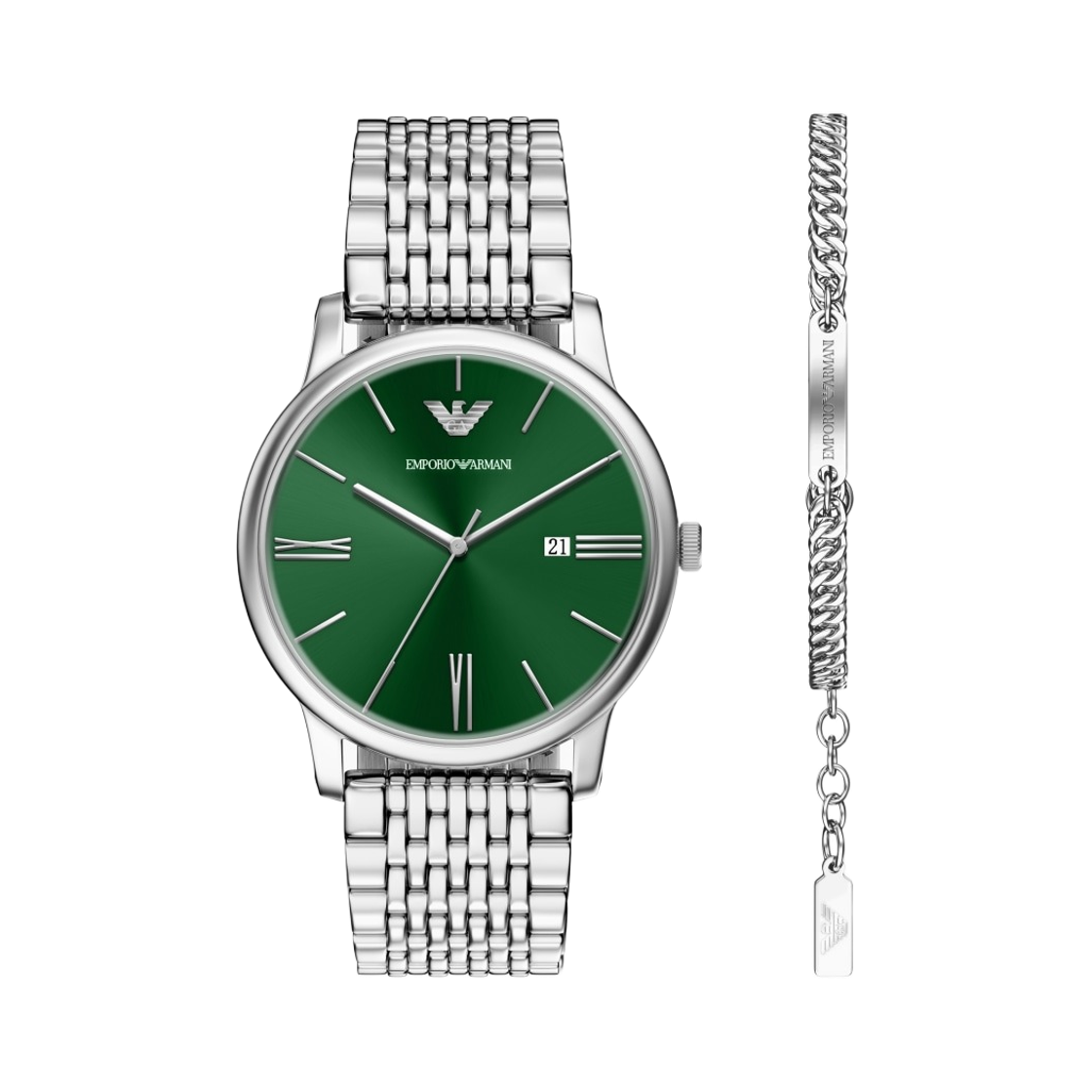 AR80087SET Emporio Armani Quartz Three-Hand Date 42mm Stainless Steel Bracelet Set Green Silver