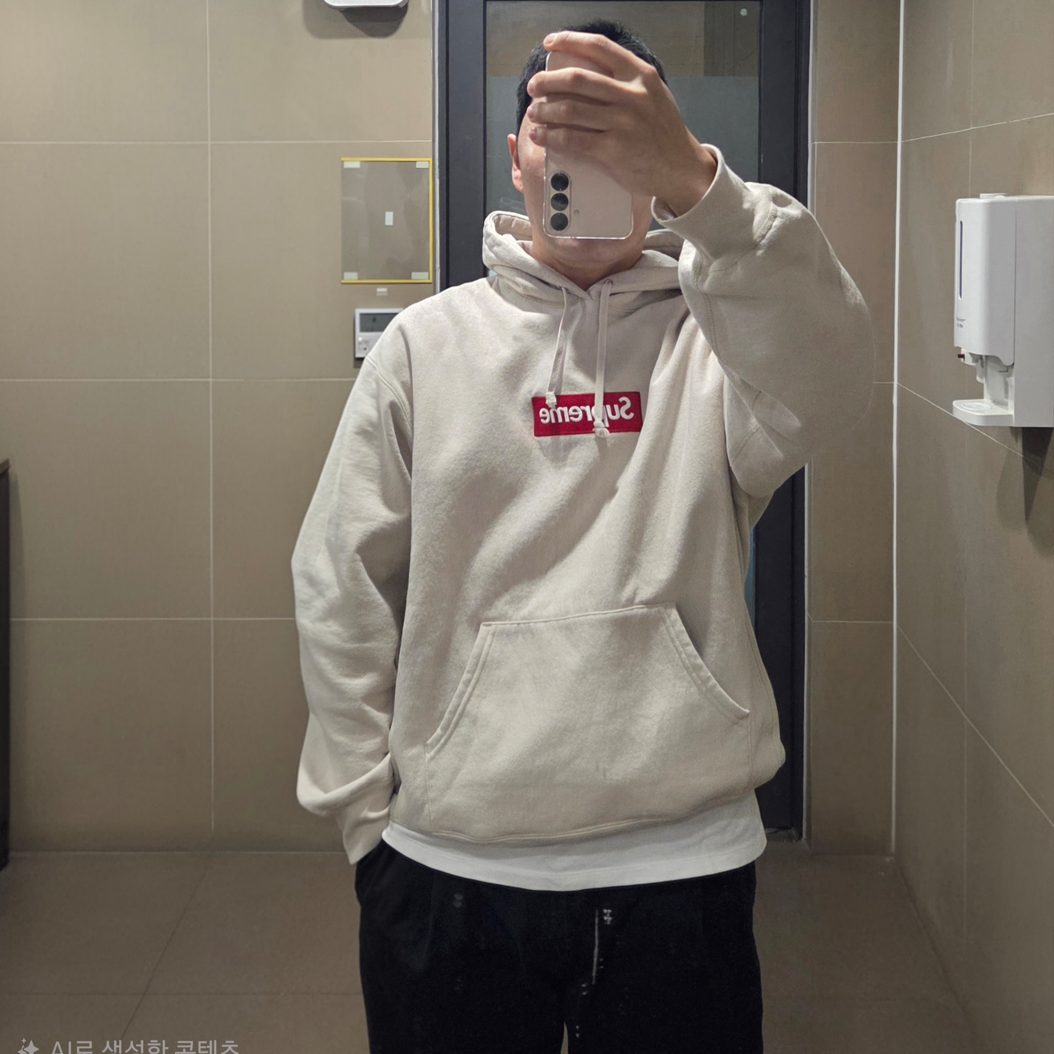 Supreme Box Logo Hooded Sweatshirt Stone - 24FW 착용 스타일