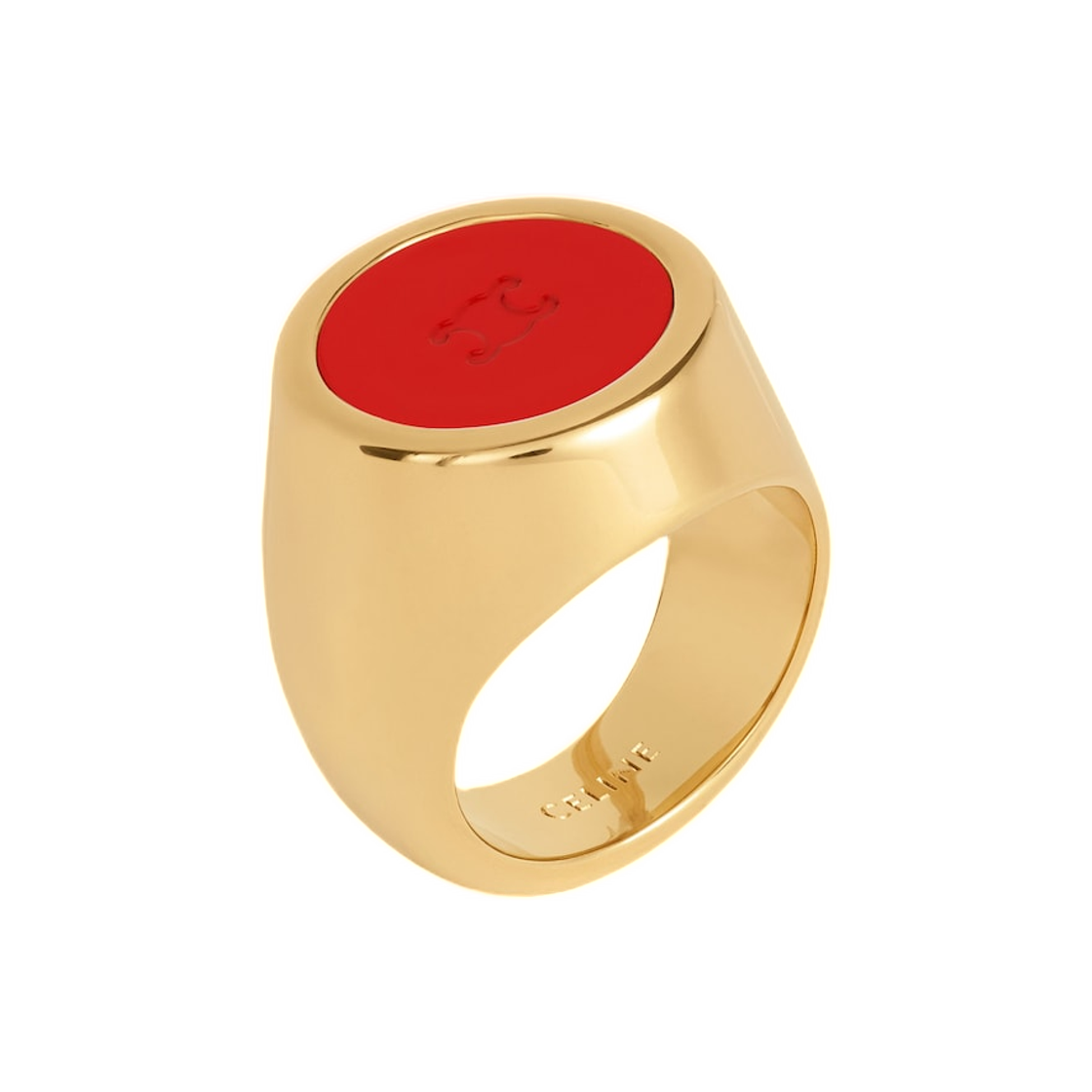 B107N3F86-GJY8 Celine Triomphe Signet Ring in Varnish and Brass with Gold Finish Poppy Red Gold