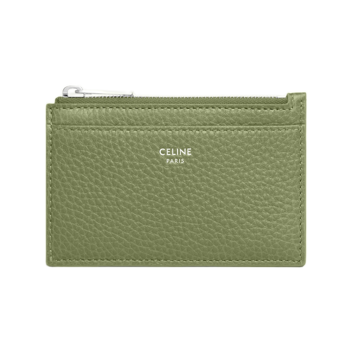 10F993GTH-GJK0 Celine Zipped Card Holder in Grained Calfskin Light Khaki