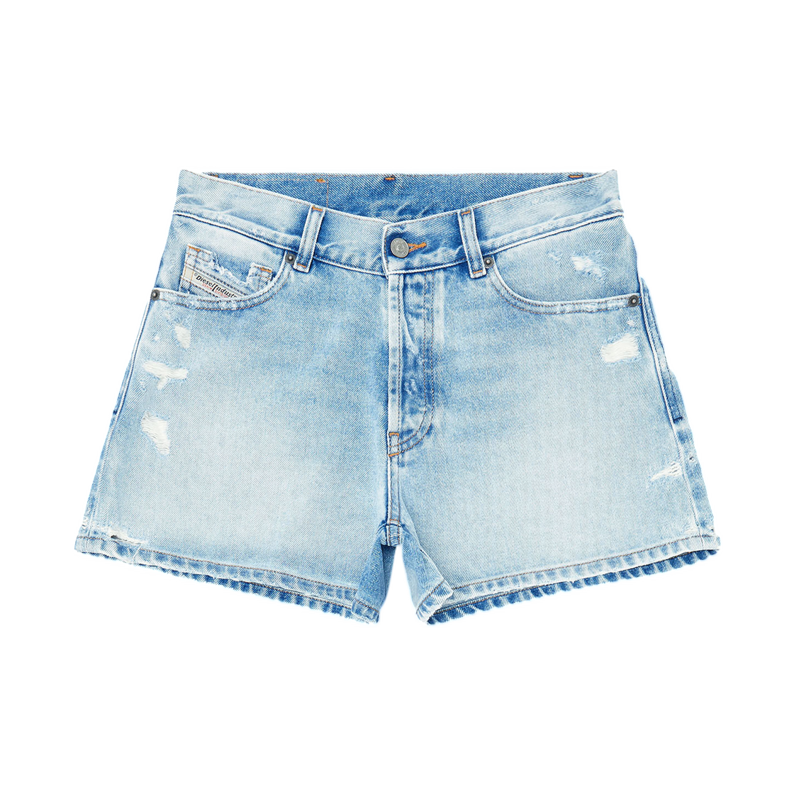 (W) 디젤 De-헬리오스 디스트로이드 데님 쇼츠 라이트 블루((W) Diesel De-Helios Shorts In Destroyed Denim Light Blue) - 1