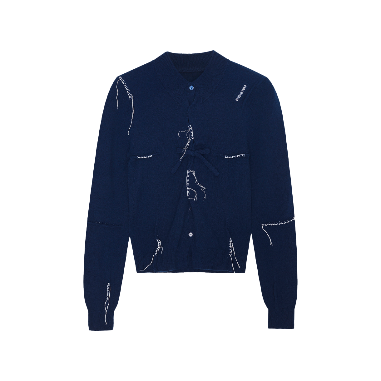 슈슈통 우먼 핀턱 앤드 스레드워크 니트 탑 네이비 블루 - 26SS