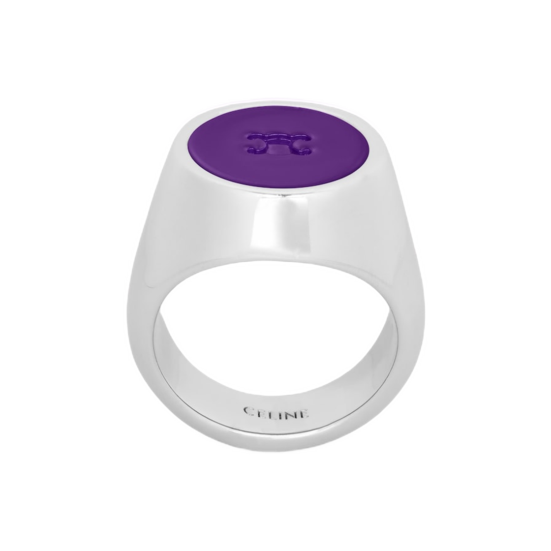 B107N3F86-GKM5 Celine Triomphe Signet Ring in Varnish and Brass with Rhodium Finish Silver Purple