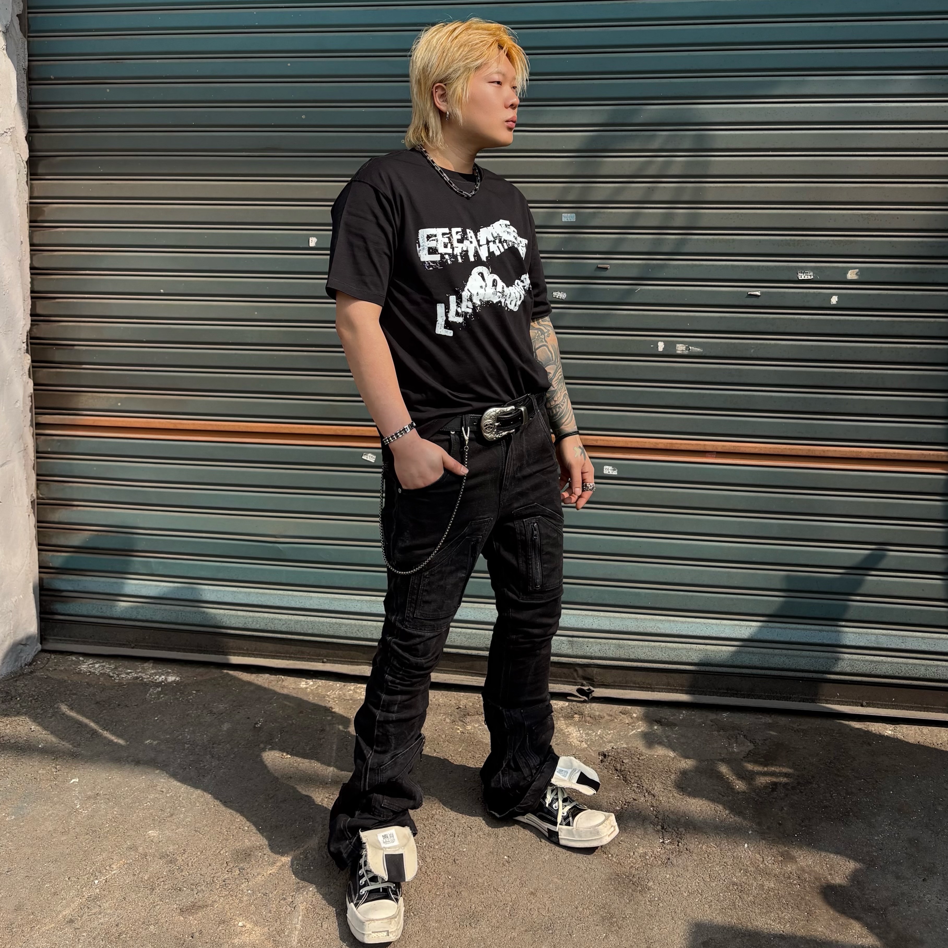Stussy SS Link Cowboy Belt Black, Converse x Drkshdw Turbodrk Chuck 70 Hi Black Lacquered Denim 착용 스타일