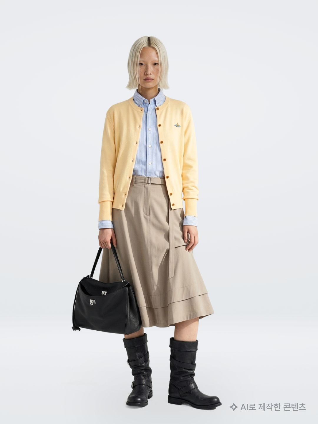 (W) Vivienne Westwood Bea Cardigan Pale Yellow, (W) SONGZIO Layered Long Flare Skirt Camel 착용 스타일 - 2