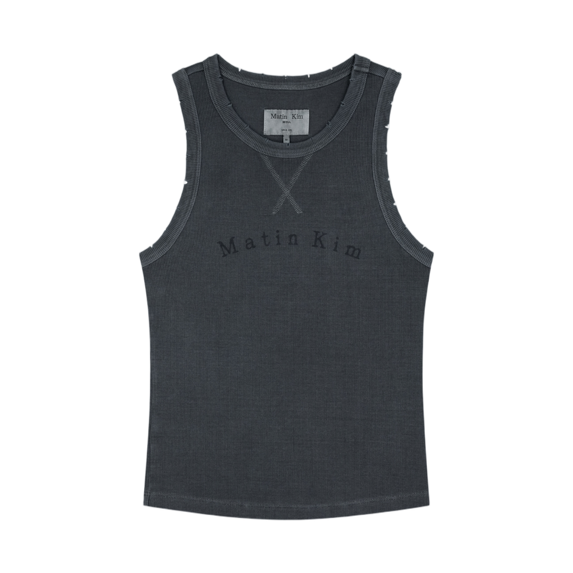 (W) 마뗑킴 디스트레스드 슬리브리스 로고 탑 차콜((W) Matin Kim Distressed Sleeveless Logo Top In Charcoal) - 1