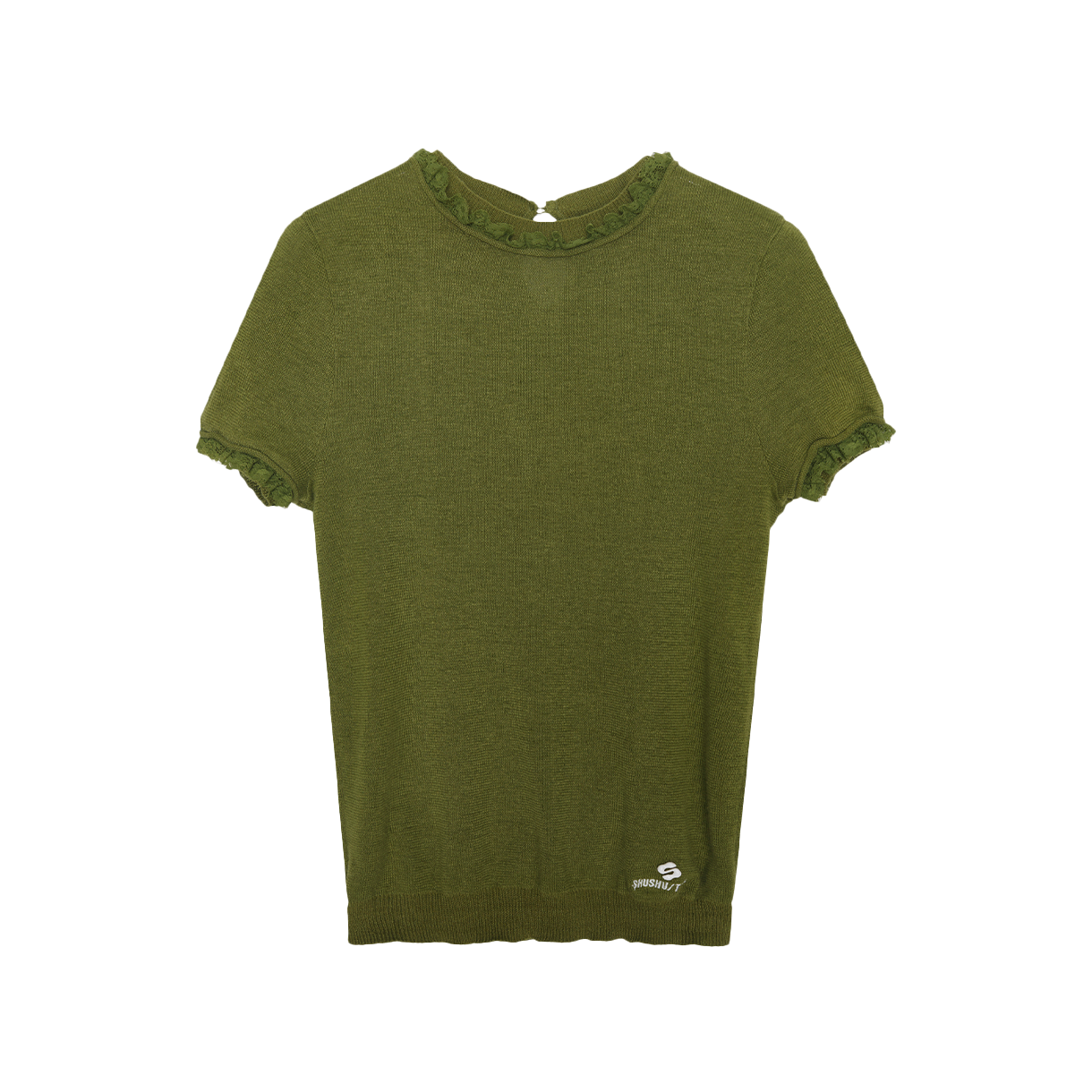 슈슈통 우먼 로우 엣지 모크넥 쇼트 슬리브 니트 탑 그린 - 26SS(Shushu/Tong Women Raw Edge Mock Neck Short Sleeve Knit Top Green - 26SS)