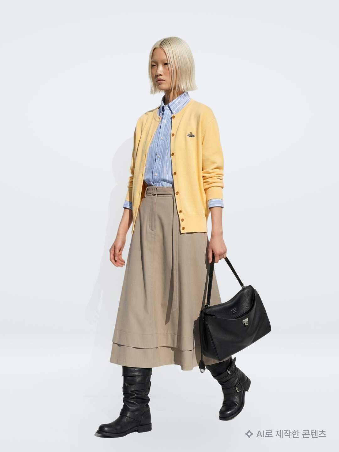 (W) Vivienne Westwood Bea Cardigan Pale Yellow, (W) SONGZIO Layered Long Flare Skirt Camel 착용 스타일 - 1