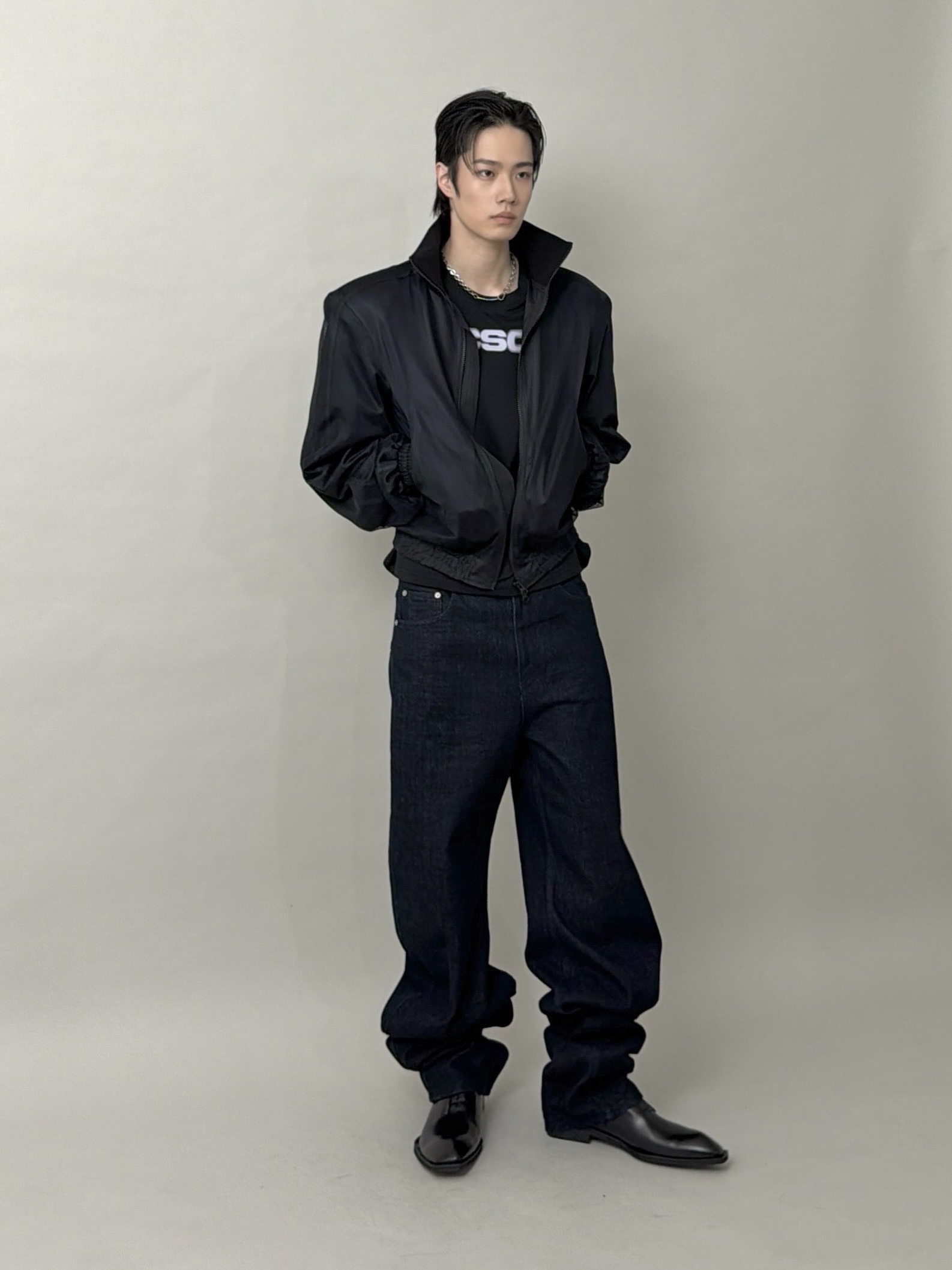 CSC Over Draped Denim Pants Mid Blue, CSC Futurist Jacket Double-Mesh 착용 스타일 - 3