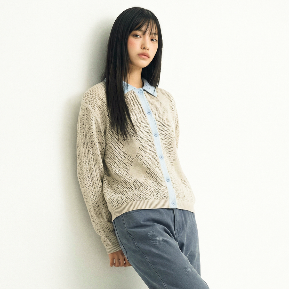 꼬떼 아가일 크로쉐 썸머 니트 가디건 스카이블루(COTTE Argyle Crochet Summer Knit Cardigan Sky Blue) - 3