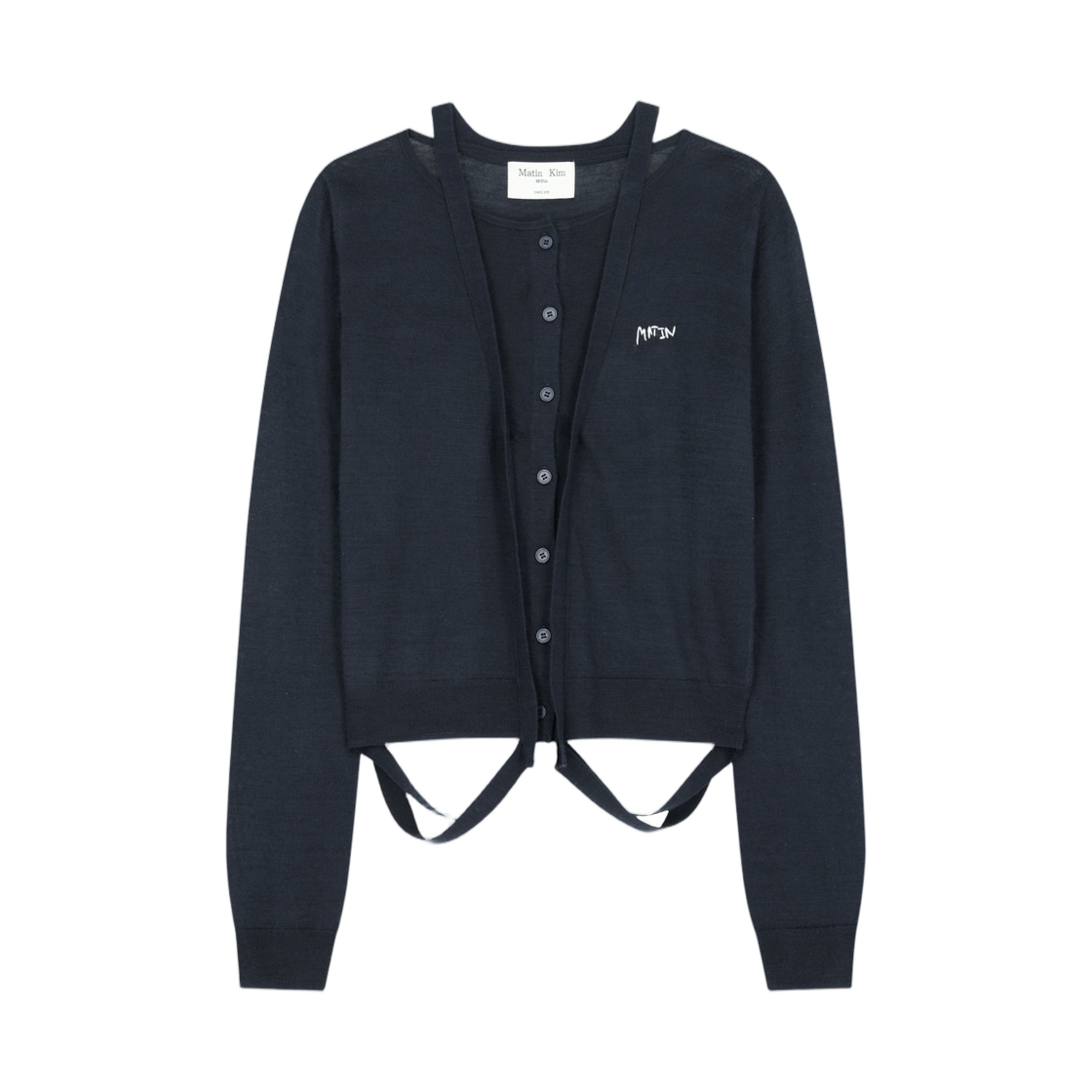 (W) 마뗑킴 스트링 디테일 니트 가디건 다크 네이비((W) Matin Kim String Detail Knit Cardigan In Dark Navy) - 1