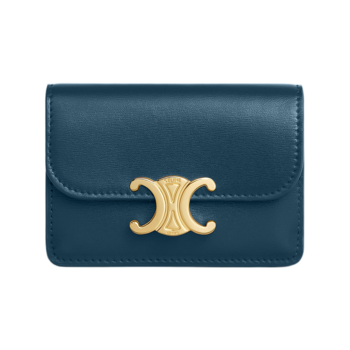 10I583DPV-07HJ Celine Card Holder with Flap Triomphe in Shiny Calfskin Teal Blue