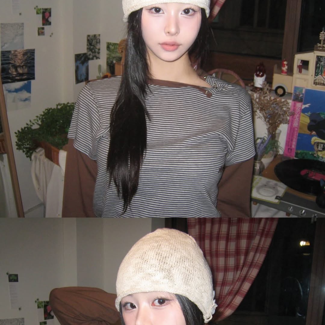MAINBOOTH Button Turban Beanie IVORY, MAINBOOTH Layered Border T-shirt BROWN 착용 스타일 - 5