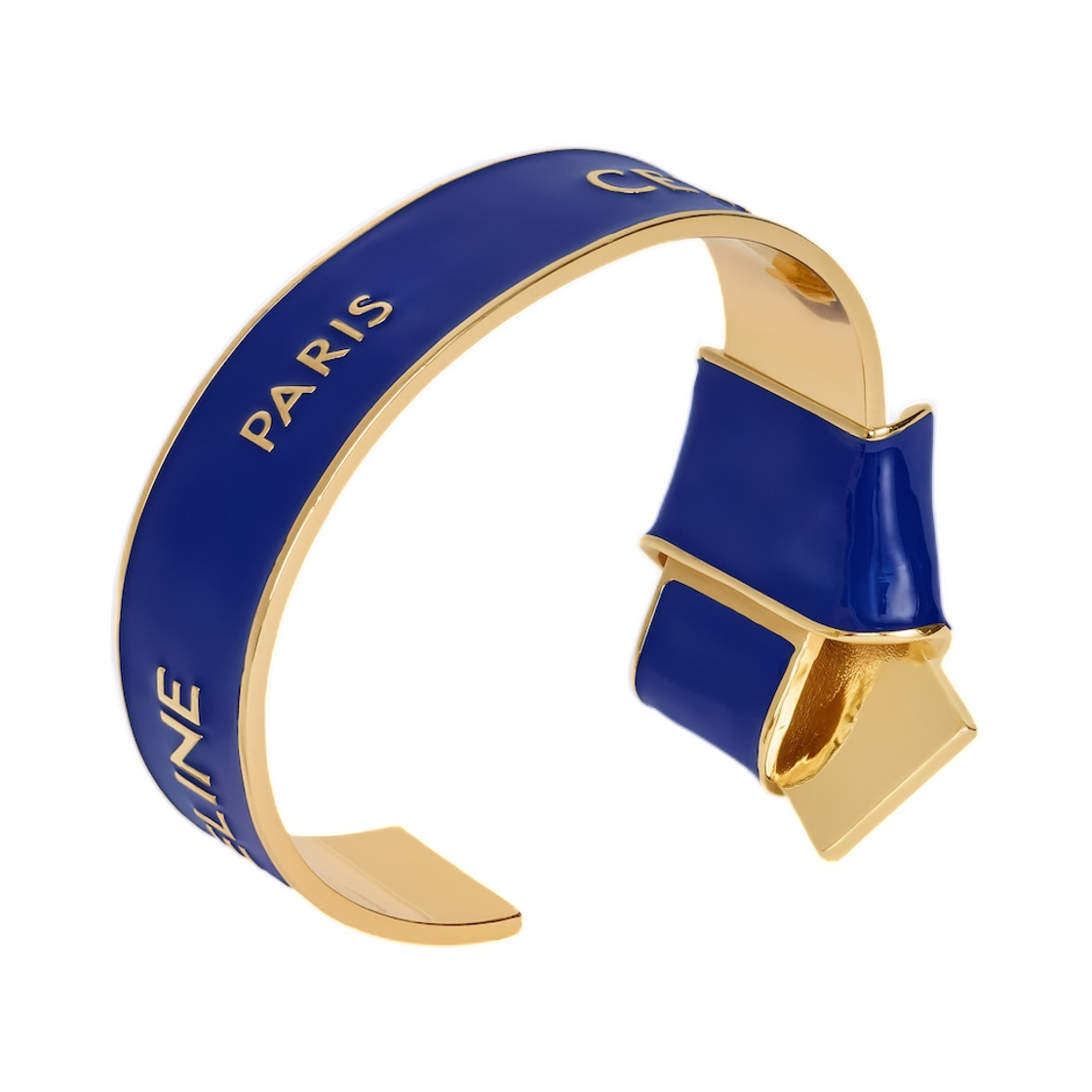 B107B3F67-GJZ0 Celine Ribbon Knotted Cuff in Enamel and Brass with Gold Finish Navy Gold